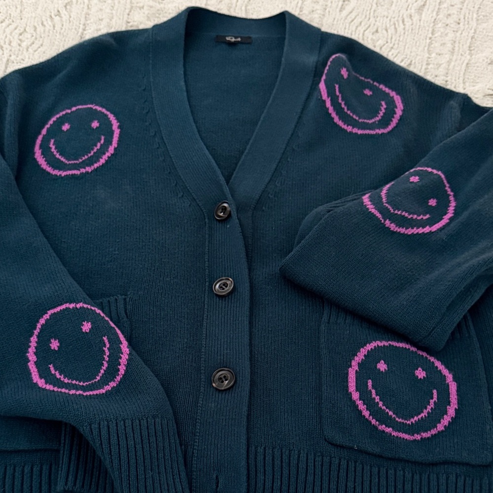 Rails Dark Teal Cardigan with Pink Smiley Accents